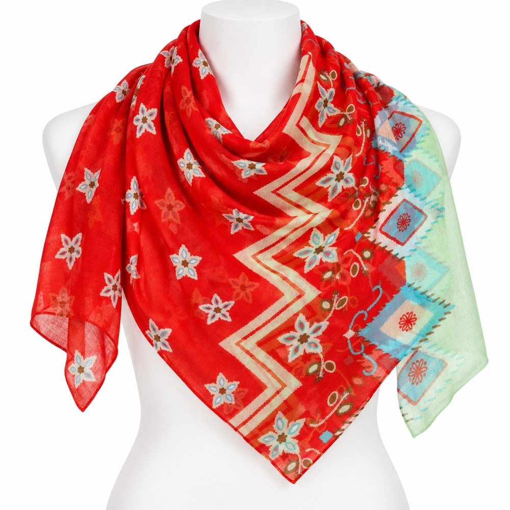 Womens Square Scarf Red Floral Chevron Geometric Sheer Boho Festival 36" Gypsy